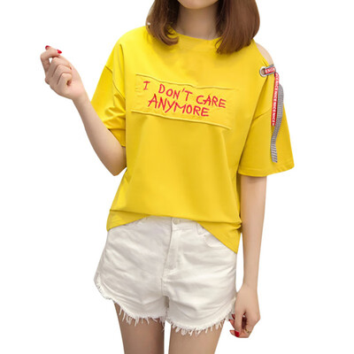 

Womens O-Neck Cold Shoulder Letter Embroidery Short Sleeve Lace Up Appliques Pullover T-Shirt