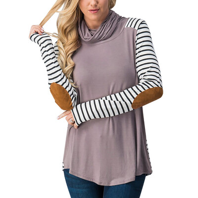 

Nomeni Women Casual Stripe Print Patchwork Turtleneck Long Sleeve Tops Blouse