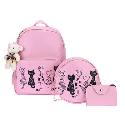 

3pcsSet Women Cat Print PU Leather Backpack Teenage Girls Shoulder Bookbag