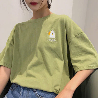 

Summer Cute Animal Happy Embroidered Simple Solid Color Short Sleeve Female T-shirts Tee Bomg