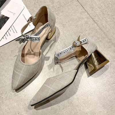 

Womens Shoes Spring Students Butterfly Knot Middle heel Rough heel One-word Button Single Shoe Tip High heel Shoe Tide