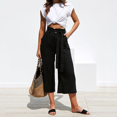 

Women Wide Leg High Elastic Waist Pants Summer Beach Casual Loose Solid Trousers