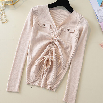 

Sweet Drawstring Women Sweater Summer Autumn New Simple Solid Color Sweater Fashion V-Neck Loose Long Sleeve Sweater Tops