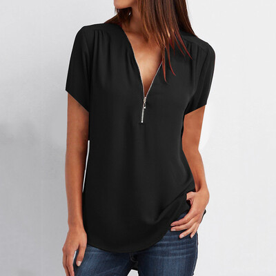 

Nomeni Womens Casual Tops Shirt Ladies V Neck Zipper Loose T-shirt Blouse Tee Top