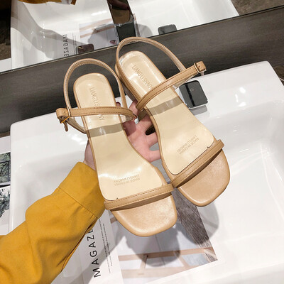 

Summer Korean version of ribbon buckle open toe thick heel chic 100 sets of black sandals