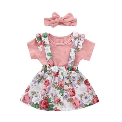 

Infant Baby Girls Summer Clothes 2019 Floral Jumpsuit Strap Skirt Clothing Set Newborn Girl Short Sleeve Strap Skirts Headband