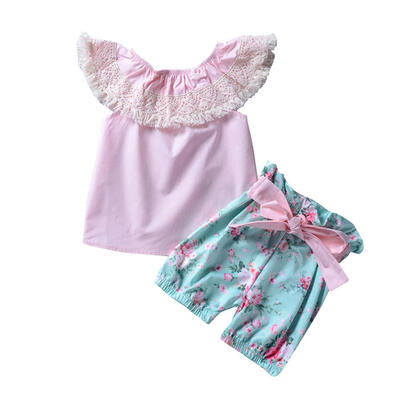 

2pcsSet Kids Girls Cute Lace Ruffle Decor Sleeveless T-shirt Tops Shorts