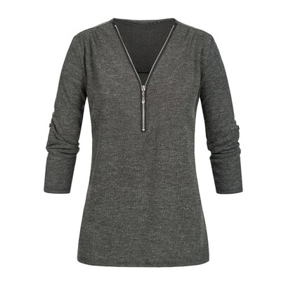 

Nomeni Womens Casual Tops Shirt Ladies V Neck Zipper Loose T-shirt Blouse Tee Top