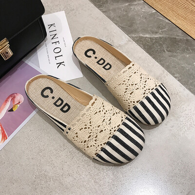 

2019 Korean lace Baotou net half slippers female summer hollow flax woven lazy people wear slippers female summer