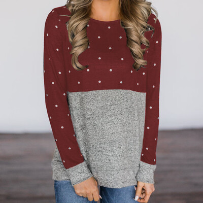 

Nomeni Women Dot Printing Patchwork O Neck Long Sleeve Sweatshirt Pullover Blouse BKL