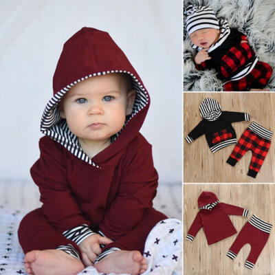 

Newborn Striped Kids Baby Boys Girls Hooded Tops Pants 2PCS Outfits Clothes US