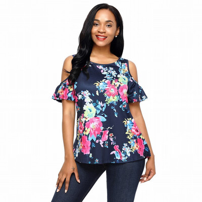 

V-neck short-sleeved floral print knit chic straight T-shirt top