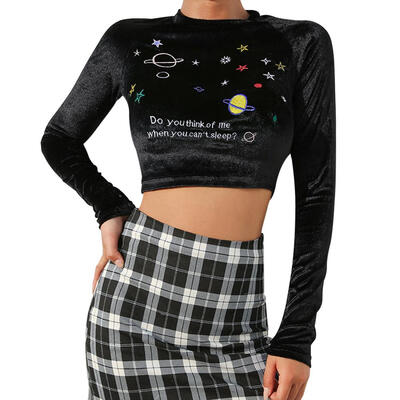 

Women Long Sleeve Crop Tops Embroidery Stars Sexy O-Neck Slim Streetwear