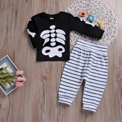 

Toddler Infant Baby Boy Skull Halloween Tops Stripe Long Pants Set Outft Clothes