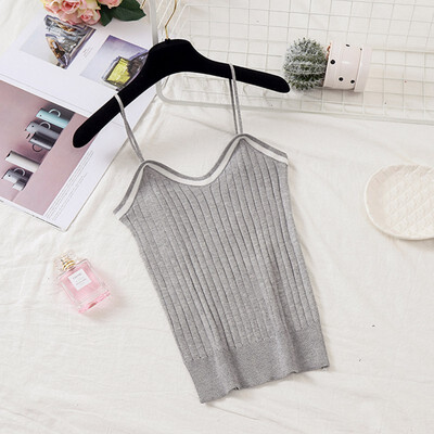 

Women Versatile Sweet Knit Off Shoulder Slim Solid Color Sexy Strap V Collar Camisole