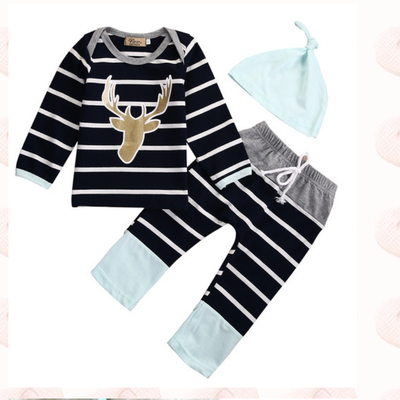 

3Pcs Newborn Baby Kid Boy Stripe Long Tops Romper Pants Hat Outfits Clothes