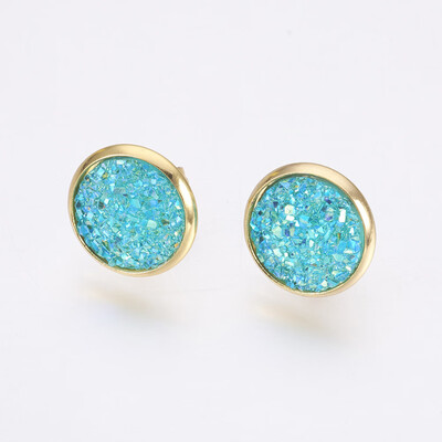 

Resin Stud Earrings with Golden Tone 304 Stainless Steel Findings Flat Round Druzy Resin Turquoise 14515mm Pin 07mm