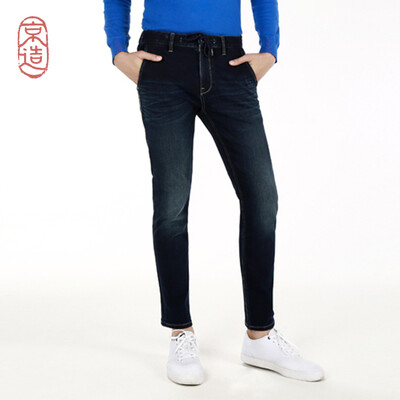 

Beijing made mens imitation knit slim straight casual feet jeans 2018 autumn new autumn still new dark blue 35 18088A