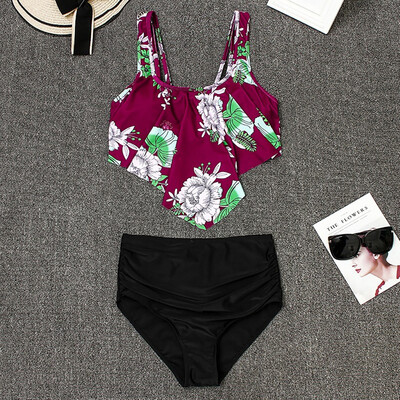

Roseonmyhand Women Two Piece Plus Size Sexy Backless Halter Floral Printed Swimwear Set