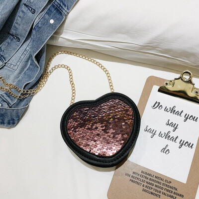 

Children Handbag Fashion Girls Kids Cute Casual Retro Heart Shape Sequins Design Cross-body PU Shoulder Messenger 2019 Bag