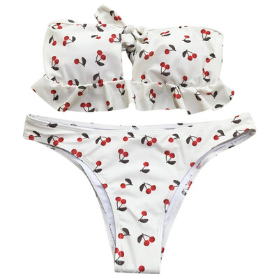 

Sexy Strapless Padded Ruffle Cherry Print Tied Mid Waist Women Bikini Set