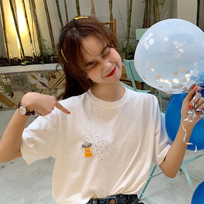 

Womens Korean Style Loose Round Neck Embroidered Cartoon Space Print Short Sleeve T-Shirt