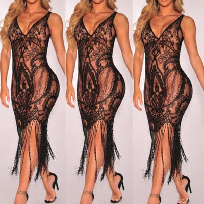 

Women Bathing Suit Lace Crochet Tassel Bikini Cover Up Swimwear Beach Long Dress