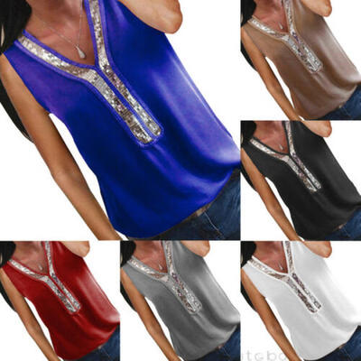 

Womens Sleeveless V-Neck Vest T-Shirt Ladies Summer Tee Beach Tank Tops Blouse