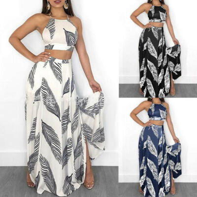 

2Pc Women Summer Sexy Crop Top TankSkirt Long Maxi Beach Suit Outfit Dress Hot