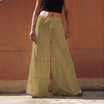 

Women Pure Colour Elastic Waist Casual Cotton-Blend Broad-legged Pants