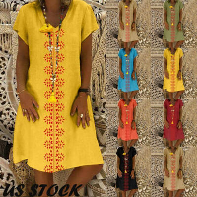

US New Womens Summer Boho Cotton Casual Kaftan Basic Tunic Midi Long Dress -3XL