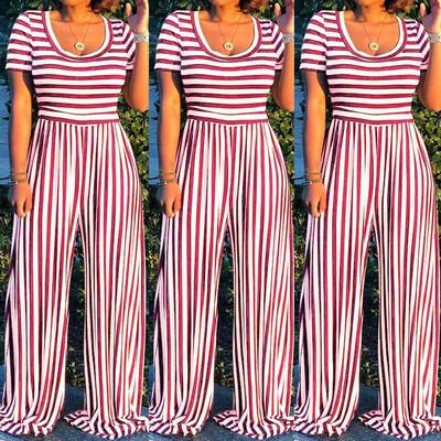 

Starmoon Women Casual O-Neck Striped Printed Short Sleeve Loose Long Jumpsuits