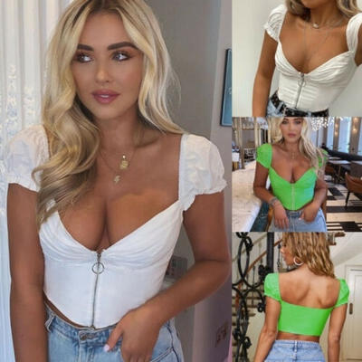 

Women Front Zip Up Vest Crop Tops Sexy T-Shirt Slim Tank Top Summer Shirt Blouse