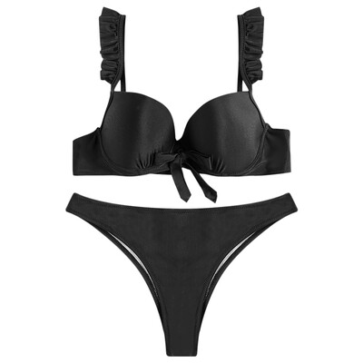 

Ruffled Spaghetti Strap Padded Underwire Solid Color Women Bikini Set