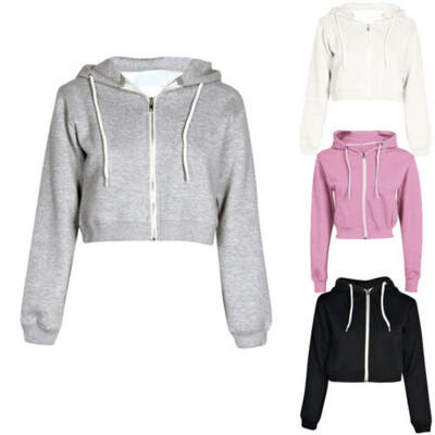 

Womens Long Sleeve Hoodie Sweatshirt Jumper Sweater Crop Tops Zipper Coat Blouse