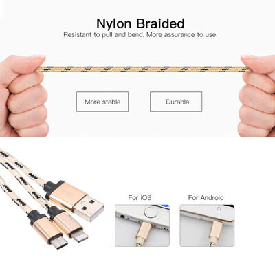

2-in-1 USB 20 Male to Type-CFor Lightening Nylon Braided Charge Cable For iOS Huawei Samsung HTC etc Blue