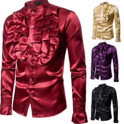 

Vintage Mens Casual Shirts Slim Fit Ruffle Tops Long Sleeve Formal Clubwear US