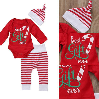 

Xmas Set Newborn Baby Girl Boy Striped long Tops Romper Leggings Outfit