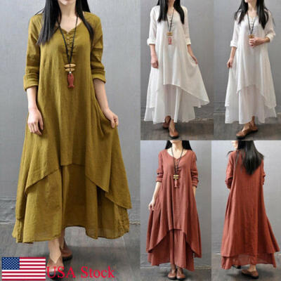 

USA Women Peasant Ethnic Boho Cotton Linen Long Sleeve Maxi Dress Gypsy Dresses