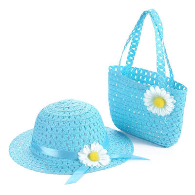 

2pcs Summer Sun Hat Girls Kids Straw Cap Beach Hats Tote Bag Flower Decor