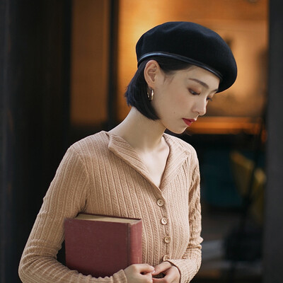 

Fashion British Army Style Wool Menwomen Beret Hat Cap Leather Band