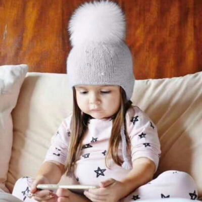 

Kids Child Baby Girls Pearl Braid Beanie Hat Winter Warm Knit Fur Pom Bobble Cap