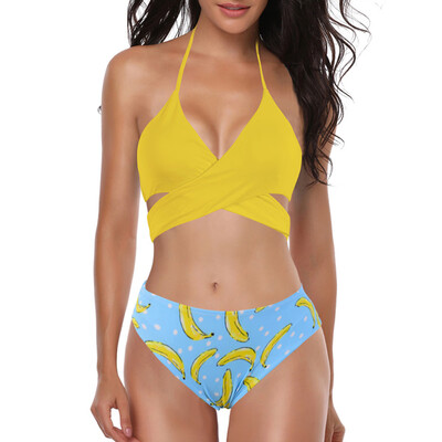 

Roseonmyhand Women Padded Halter Sexy Lace-up Pineapple Print Beach Suit Bikini Swimwear