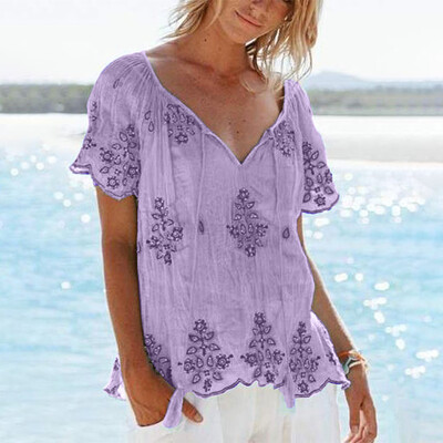 

Starmoon Plus Size Women Short Sleeve Embroidery Bandage Easy Blouses Casual Shirts Tops