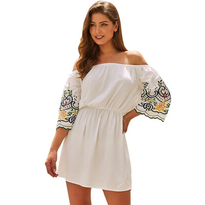 

Autumn new original womens off-shoulder half-sleeve embroidered mini dress