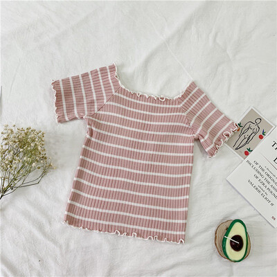 

Womens Slash Neck Striped Tshirts Girl Knitted Short Sleeve Ruffles Summer T-shirt Top for Woman
