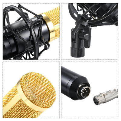 

BM800 Condenser Microphone Lit Pro Audio Studio Recording & Brocasting Adjustable Mic Suspension Scissor Arm Pop Filter SilveryGr