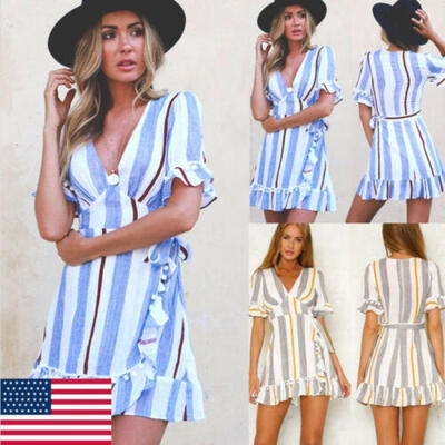 

Women Striped Boho Mini Short Dress Evening Party Beach Floral Causal Sundress