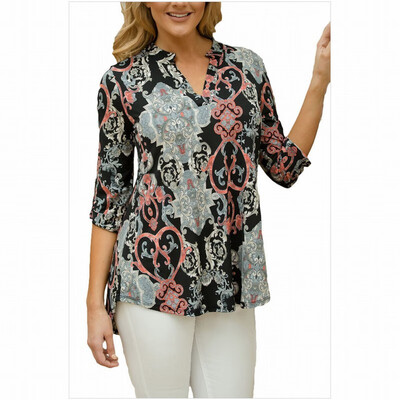 

V-neck long sleeve front short long bohemian printed shirt top