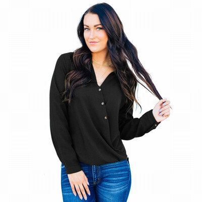 

Shirt Womens Long Sleeve V-neck Button Casual Loose Shirt